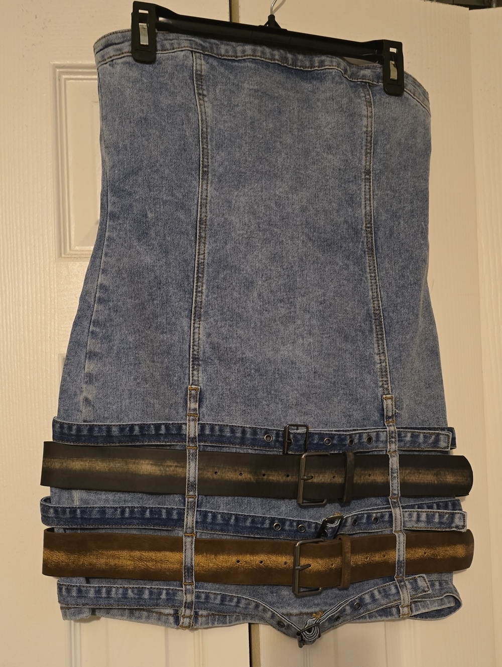 Fashion Nova Light Blue Denim Mini Dress with Belted Accents